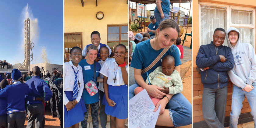 drilling water in south africa, american and south african students, american woman holding south african baby, south african man and american man